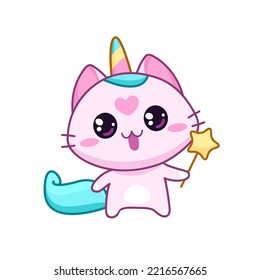 Pink Kitten unicorn with magic stick - kawaii style vector illustration. Baby Cat Unicorn cartoon character. Kids tee print  design