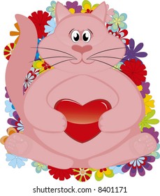 pink kitten with valentin heart - vector