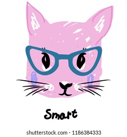 pink kitty face with glasses in kids style with text lovely. print for t shirt in abstract style