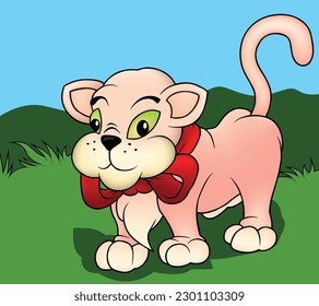 Pink Kitty with a Red Bow Around her Neck - Colored Cartoon Illustration with Background, Vector 