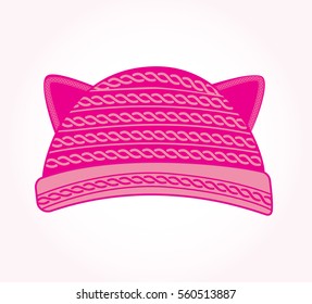 Pink knitted hat with cat ears. Pussy cat hat vector. Fashion trend.