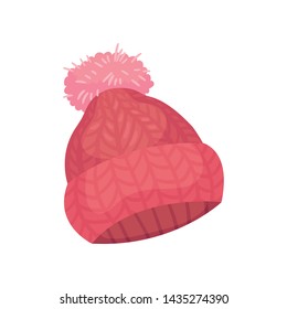 Pink knitted hat. Vector illustration on white background.