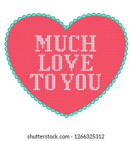 Pink knitted heart with love text. Little cute Valentine day greeting card.