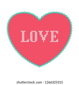 Pink knitted heart with love text. Little cute Valentine day greeting card.