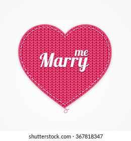 Pink Knitted Heart. Marry Me. Vector illustration