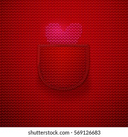 Pink knitted heart in wool knitted red pocket. Knitted textile background for Valentines Day. Vector illustration