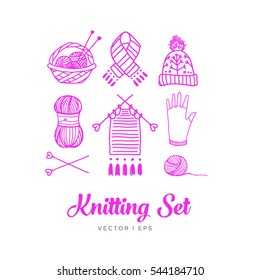 Pink knitting set. Contains hand drawn vector editable images of the clew, the yarn, the knitting needles, the thread, the basket, the knit work, the hat, the glove, the scarf and a needle.