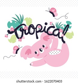 Pink koala bear on branch among tropical plants with butterfly isolated on white background illustration vector.