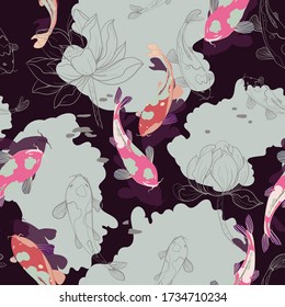 Pink koi carps in water, among graphic lotuses on a light grey and violet color background. Vector seamless pattern with flowers and fish. Repeating square design for fabric and wallpaper.