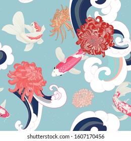 Pink Koi Fish Seamless Sea Wave Vector Botanical Chrysanthemum Asian Pattern