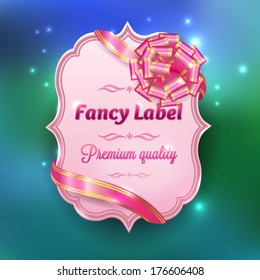 Pink label with ribbon bow. Vector illustration