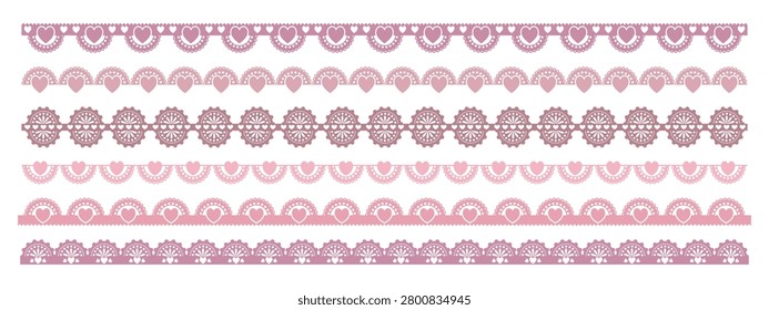 Pink lace border strip set. Doily, medallion, heart, fan scallop repeating bands. frilly, eyelet edges. For card, invitation, ribbon, textile, frame. Vector ornamental elements.