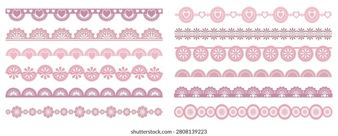 Pink lace border strip set. Doily, fan, heart, floral, medallion scallop repeating bands. For card, invitation, trim, textile, frame. Vector ornamental elements.