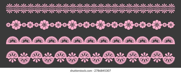 Pink lace borders with scalloped edges and delicate patterns. Vector frames featuring crochet-style trim, embroidery details, and ribbon accents for vintage decorative designs.