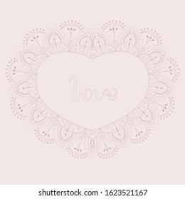Pink lace heart with floral motif and hand written lettering word love greeting valentine card vector illustration