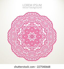 Pink lace pattern in vector. Abstract ethnic background, mandala, circle ornament for design