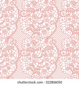 Pink lace seamless pattern with flowers on white background
