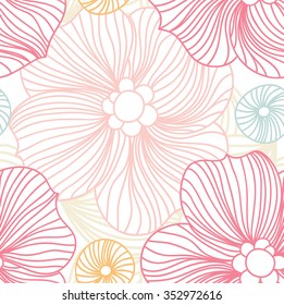 Pink Lace. Seamless pattern. Pink pattern. Pink flowers. Beautiful retro seamless pattern, vintage texture. Stylized flowers. Flower background. Pastel pattern. Flower shop. Bright buds. Big Bud.
