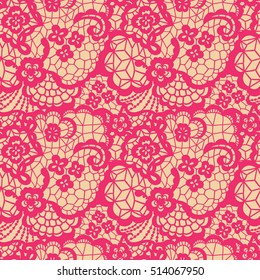 Pink lace seamless pattern with flowers on beige background
