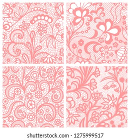 Pink lace seamless patterns with flowers on white background