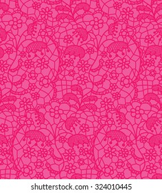Pink lace vector fabric seamless pattern with lines and flowers