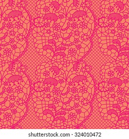 Pink lace vector fabric seamless pattern with lines and flowers