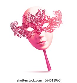 Pink lacy ornate vector carnival mask with handle