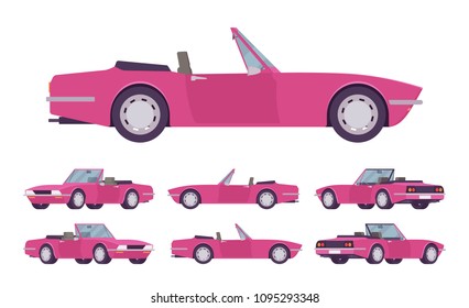 Pink lady cabriolet cat set. Roadsters passenger vehicle with roof folds down, convertible top, two seats, luxury design city auto to enjoy a travel and journey. Vector flat style cartoon illustration