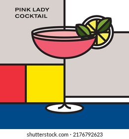 Pink Lady Cocktail in Cocktail glass, garnished with lemon slice and mint leaves. Modern style art with rectangular color blocks. Piet Mondrian style pattern.