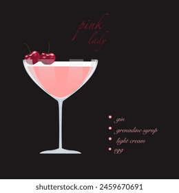 Pink lady cocktail isolated on a lemon background. Retro party, Vector illustration, fresh drink menu.
