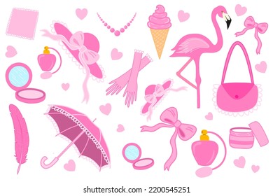 Pink lady set. Princess set. Pink princess accessories. Fashion. Girl and women clothes. Kid fabric, textile. Banner, sticker, brochure, poster, card. Vector illustration.