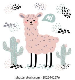 Pink lama alpaca with hi text, surrounded by desert cactuses on white background. Wild or zoo cute cartoon fluffy animal vector illustration. Hello card from Peru