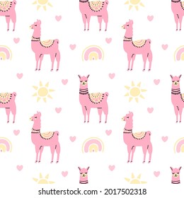 Сute pink lamas seamless pattern with sun, heart, rainbow isolated on white background. Vector flat illustration. Design for childish textile, fabric, wallpaper, wrapping