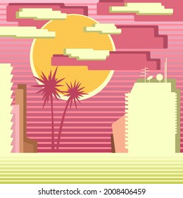 Pink landdscape with palms. Vector summer landscape.