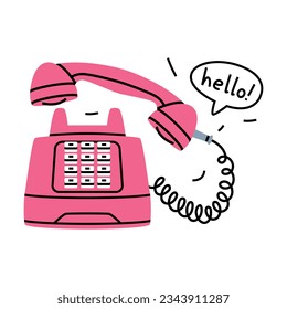 Pink Landline or Wireline Home Phone as Telephone Connection Vector Illustration