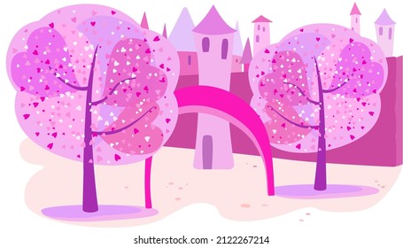 Pink landscape with cartoon trees and magic castle.