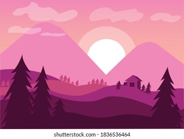 Pink Landscape with sunset, fir-trees and house