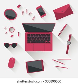 pink laptop & pink accessories on white background