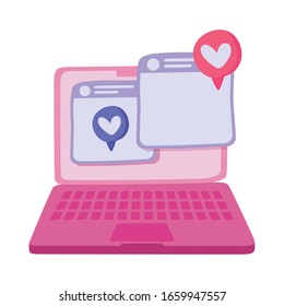 ordenador portátil rosa y corazones sobre fondo blanco, ilustración vectorial