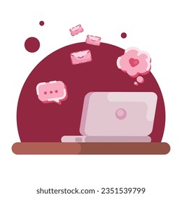 Pink Laptop Flat Vector Illustration with speech bubbles and message icons. Sweet concept. Communication on the Internet, communication in messengers