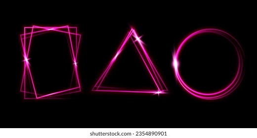 Pink laser glowing frames isolated on black background. Neon rectangle, triangle, circle. Abstract vector illustration.