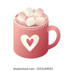 Taza de latte rosa con malvaviscos y diseño de corazón. Ilustración vectorial de una taza rosa rellena de chocolate caliente y cubierta con malvaviscos. Ideal para temas de invierno, San Valentín