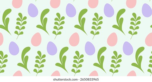 Pink and Lavender Easter Eggs and Green Twigs Seamless Pattern Banner Format Easter Holiday Backdrop