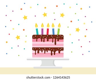 Pink Layer Birthday Cake Flat Vector Graphic Five Candle Dessert