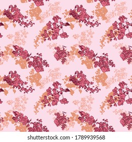 Pink layered bougainvillea floral seamless vector pattern background for fabric, wallpaper, stationery, scrapbooking projects or backgrounds. Surface pattern design.