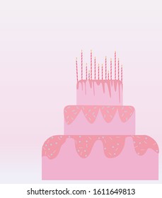 pink layered cake with candles. Greeting card for happy birthday. for girl. cute, mimimi, japanese style, kawaii. holiday invitation. print for t-shirts. baby birth. table with sweets. eps 10 vector