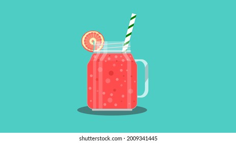 Pink layered grapefruit juice smoothie in jar with grapefruit and striped straw. Glass for cocktails with handle. Fresh grapefruit and glass with fruit juice.
