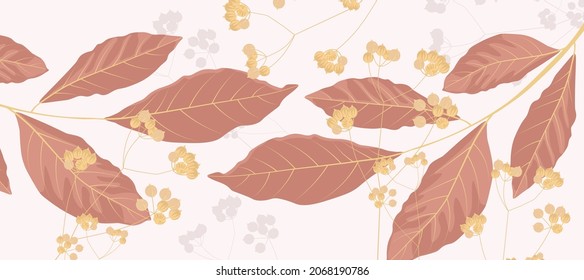 Pink leaf background vector stock illustration. Border. Horizontal pattern. Golden petals and meadow buds. Isolated on a white background.