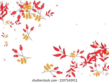 Pink Leaf Background White Vector. Berries Seamless Texture. Yellow Leaves Outline. November Template. Herb Autumn.