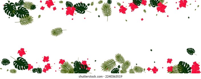 Pink Leaf Background White Vector. Tree Paradise Backdrop. Orange Foliage. Bright Card. Light Green Botanical Frame.